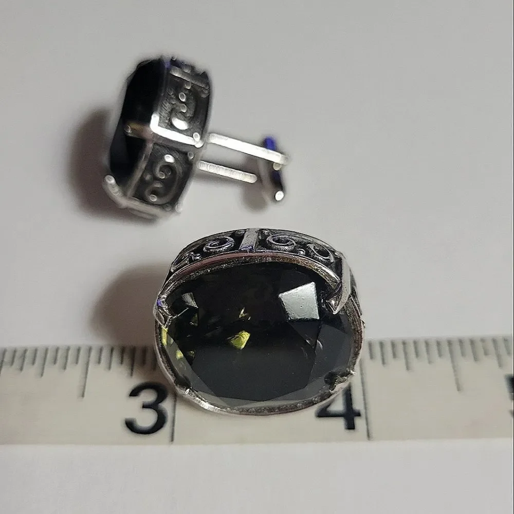 Swank Men's Silvertone Round Green Stone Cufflinks